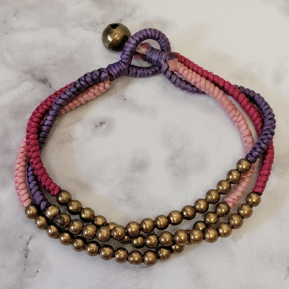 Beaded Multi Strand Cord Bracelet Pink Purple Brass Tone Bell Jewel Boho Jewelry